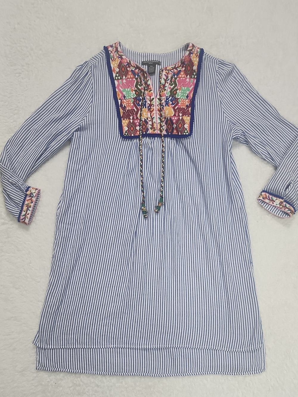 Chelsea & Theodore Striped Embroidered Long Sleeve Dress